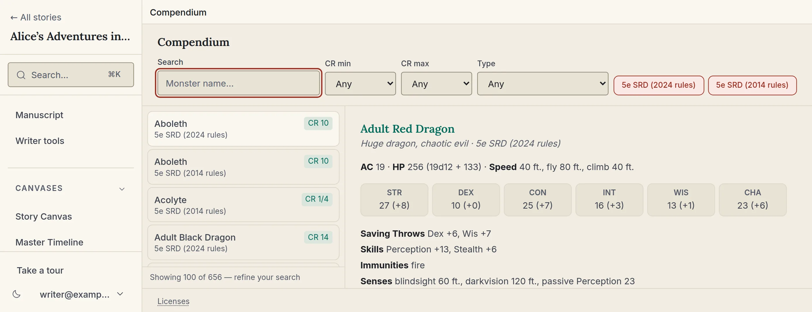 StoryVue's compendium: a searchable monster list with challenge ratings beside a full stat block, with both 5e System Reference Documents enabled as sources.