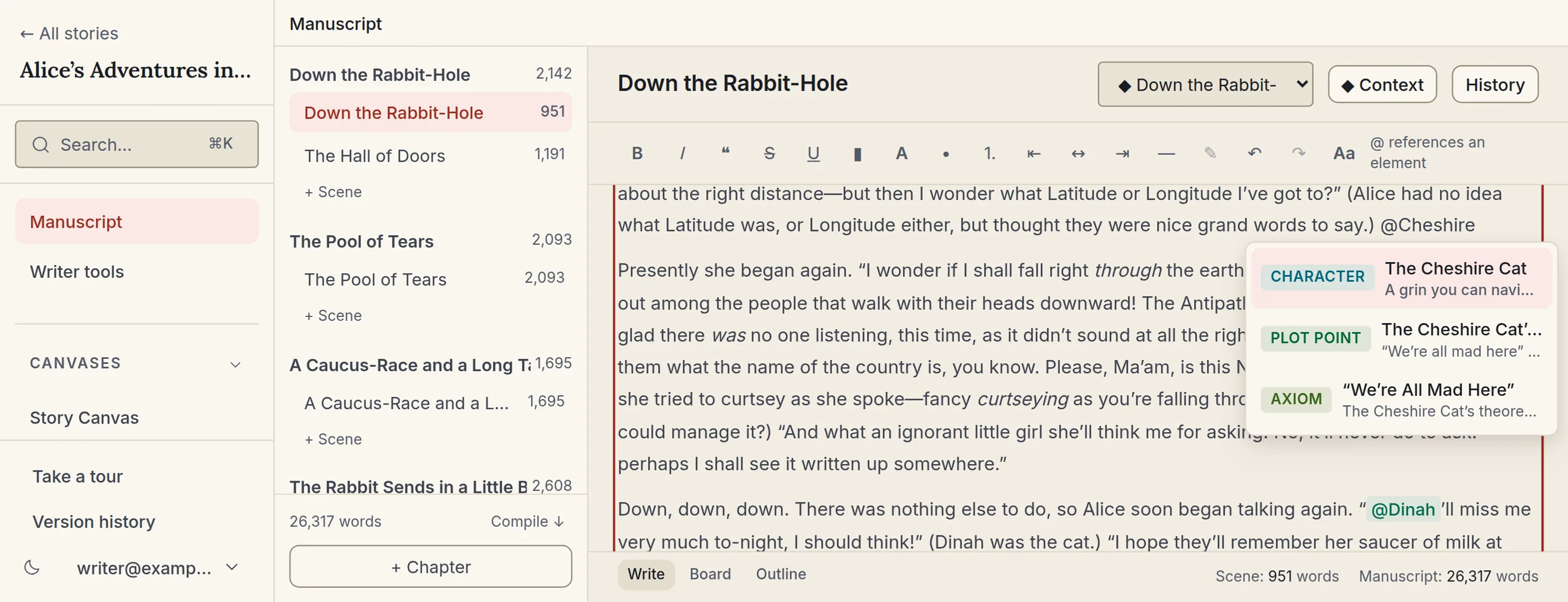 StoryVue's manuscript editor: draft prose in the main column with a chapter and scene binder beside it, and a character name in the text rendered as a live reference chip.