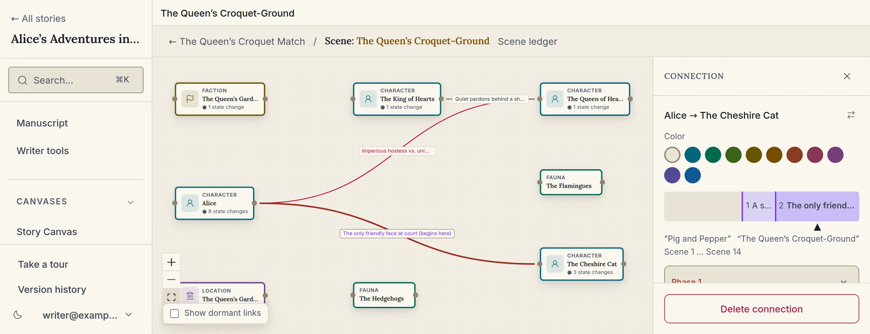 The connection editor for a relationship between two characters, showing its phases listed in order, each one labelled and pinned to the scene where it begins.