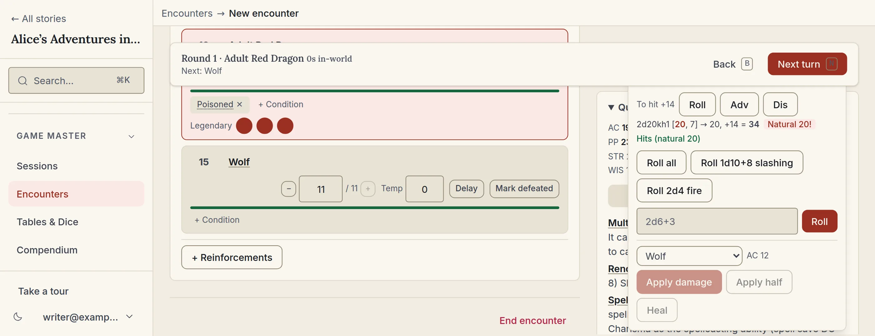 A StoryVue encounter mid-run: an initiative-ordered combatant list with hit points and conditions, and a quick-reference stat block for the active creature.