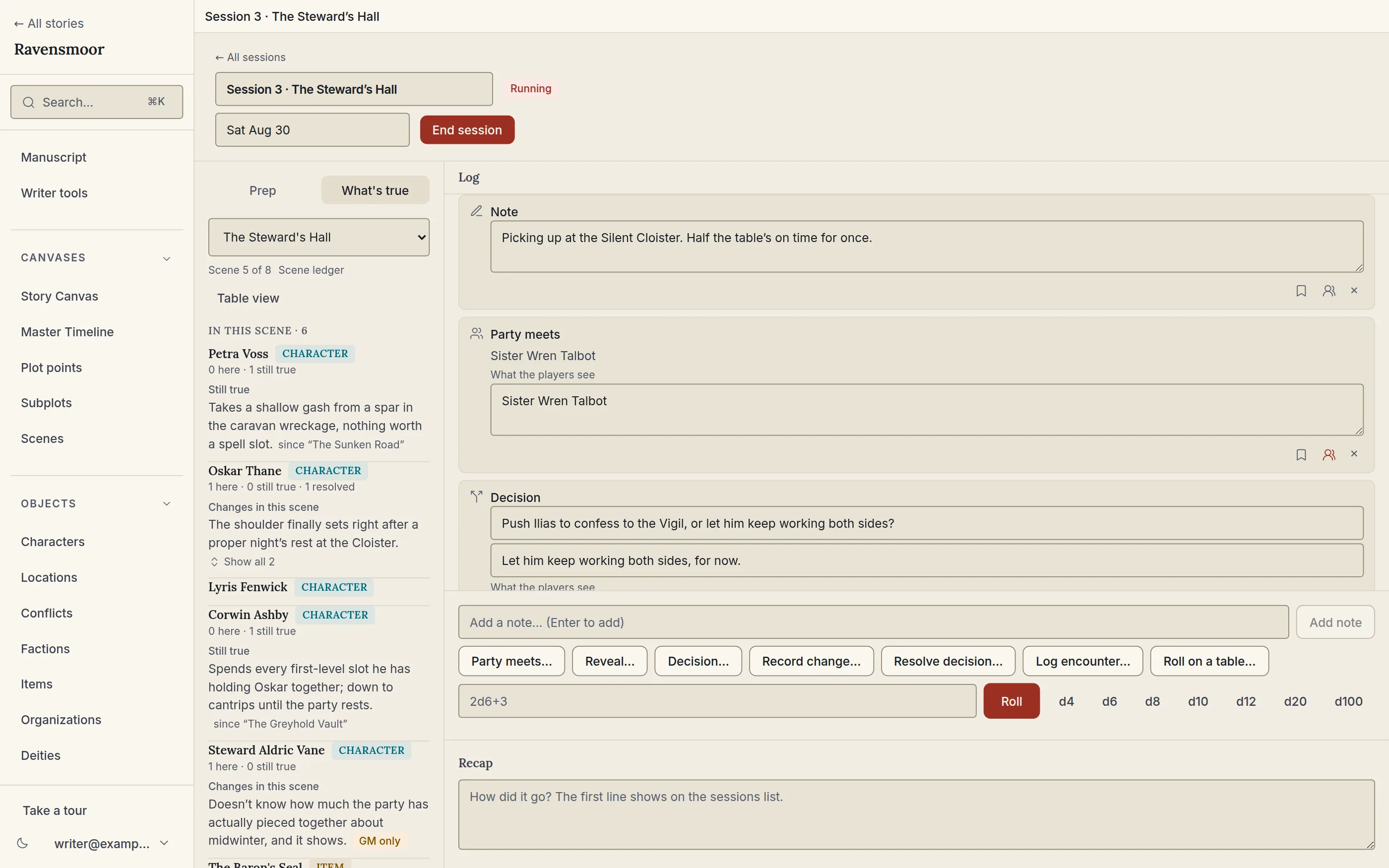 A StoryVue session run page: a chronological log of notes, decisions, meetings, reveals, and rolls beside a rail showing who and what is present in the current scene.
