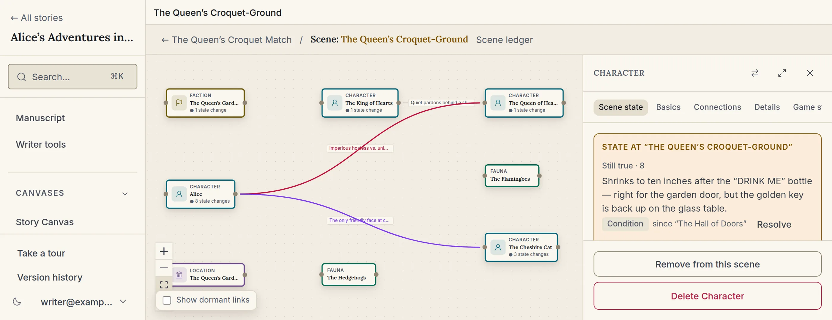 A StoryVue scene canvas with a read-only panel listing every change recorded in earlier scenes, from injuries to secrets learned to objects handed over, in timeline order.