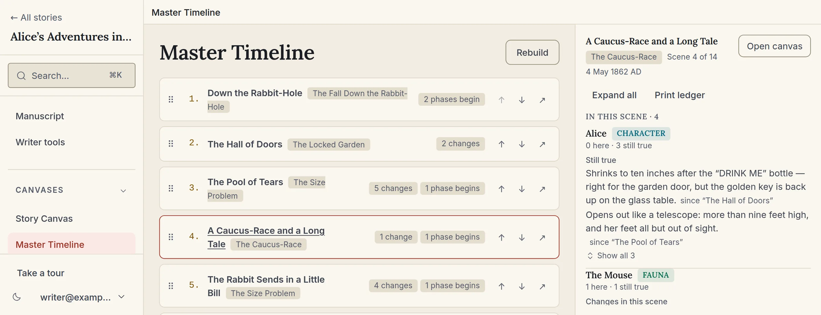 StoryVue's Master Timeline: every scene in the story as a drag-reorderable row, numbered in the order the story happens, with its in-world date beside it.