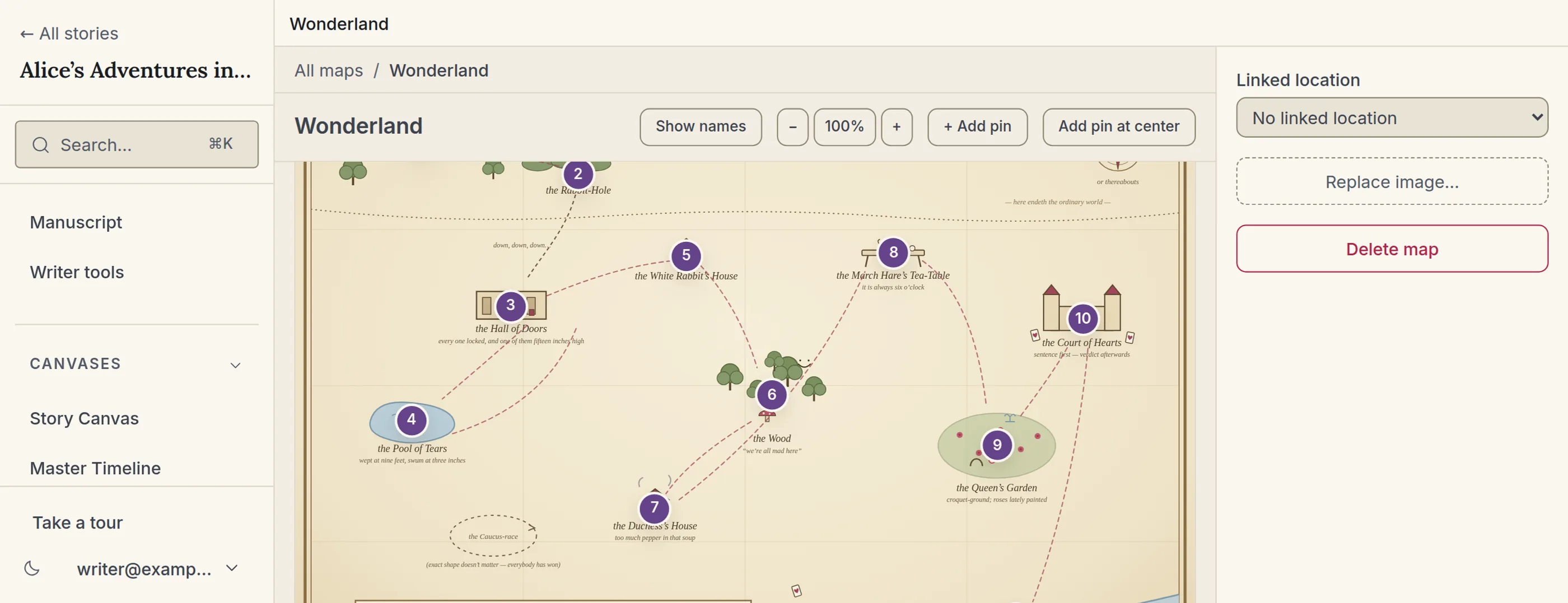 StoryVue's World Builder: a story map with numbered pins over its locations, a family tree of characters joined by marriage and descent lines, and a World Bible page composed from them.